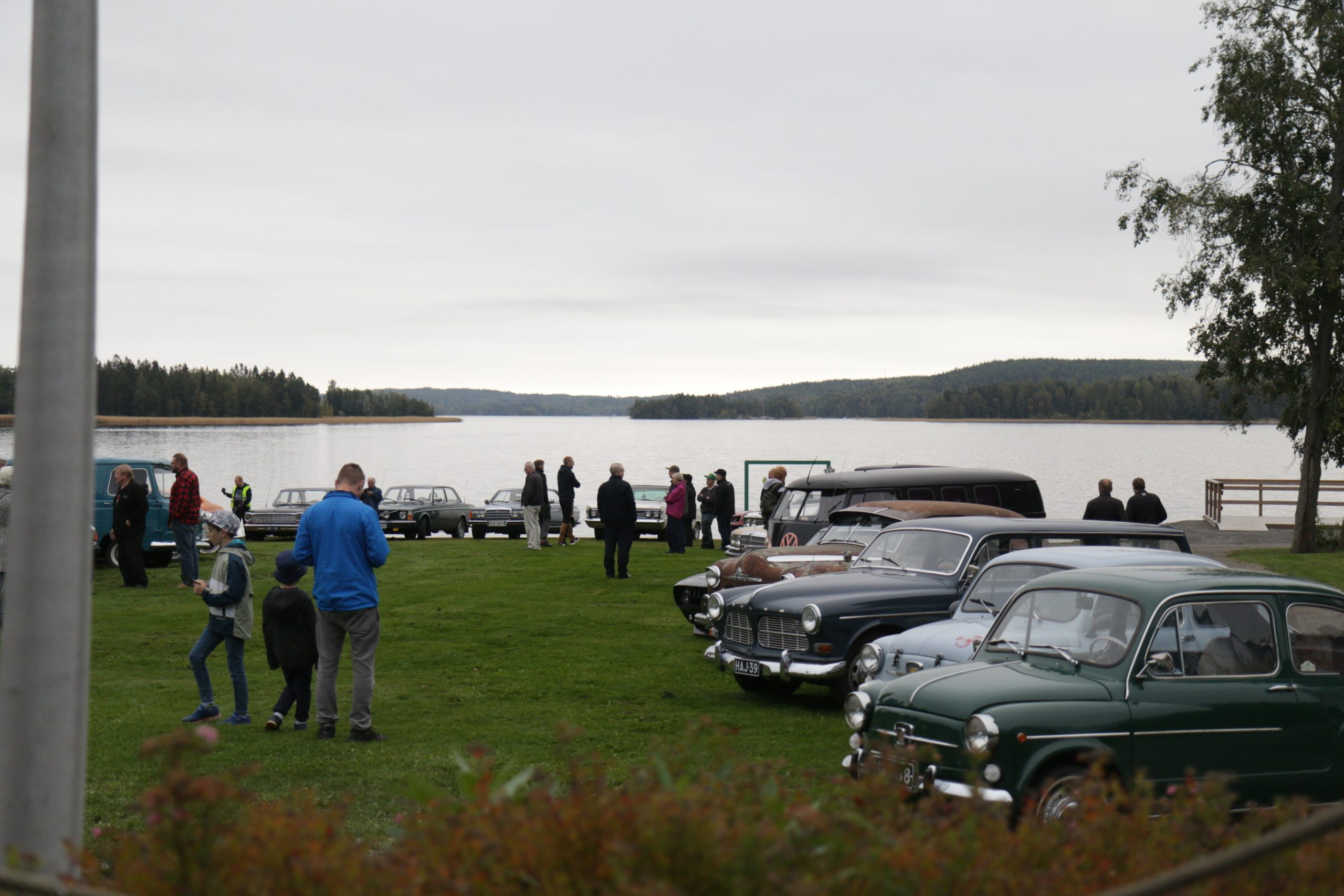 Järven rannalla olevalla nurmikkoalueella useita harrasteautoja rivissä ja ihmisiä katselemassa niitä.