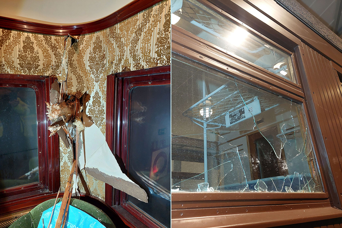 Kaksi rinnakkaista kuvaa, joissa vaunujen vaurioita.