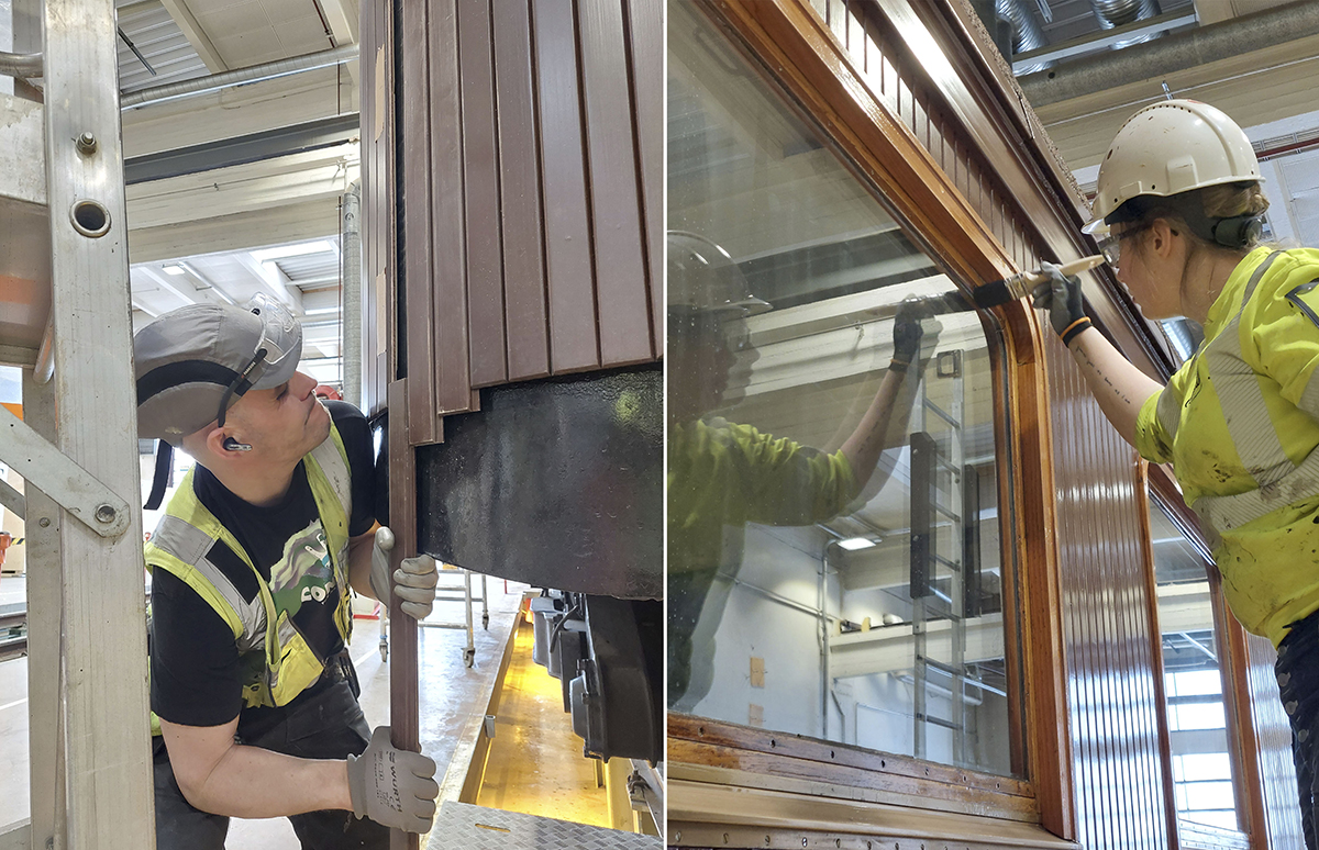 Kaksi kuvaa rinnakkain, joissa molemmissa junanvaunujen kunnostustöitä.